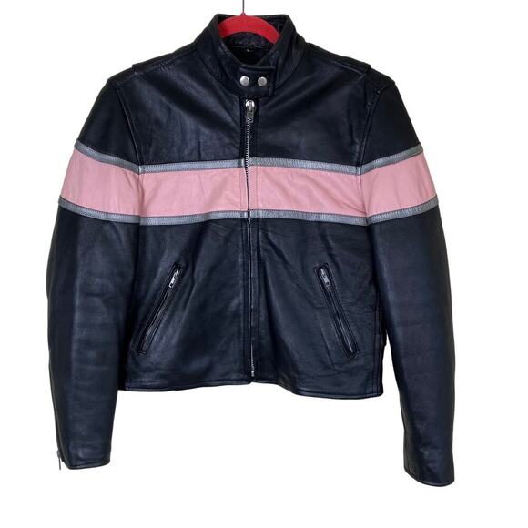 Hudson Leather Genuine Leather Moto Racing Jacket Black Contrasting Pink Sz L - Picture 1 of 16
